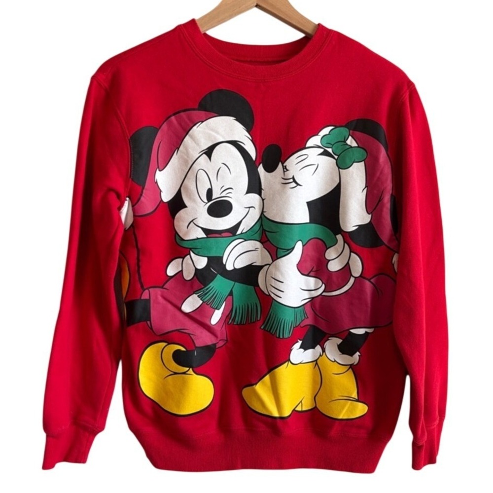 Disney Red Mickey and Minnie Holiday Crewneck Sweatshirt S Like New Festive Cute